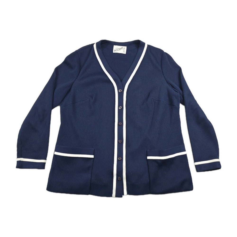 Vintage Miss Accent Act III Cardigan Sweater Navy Blue White Piping